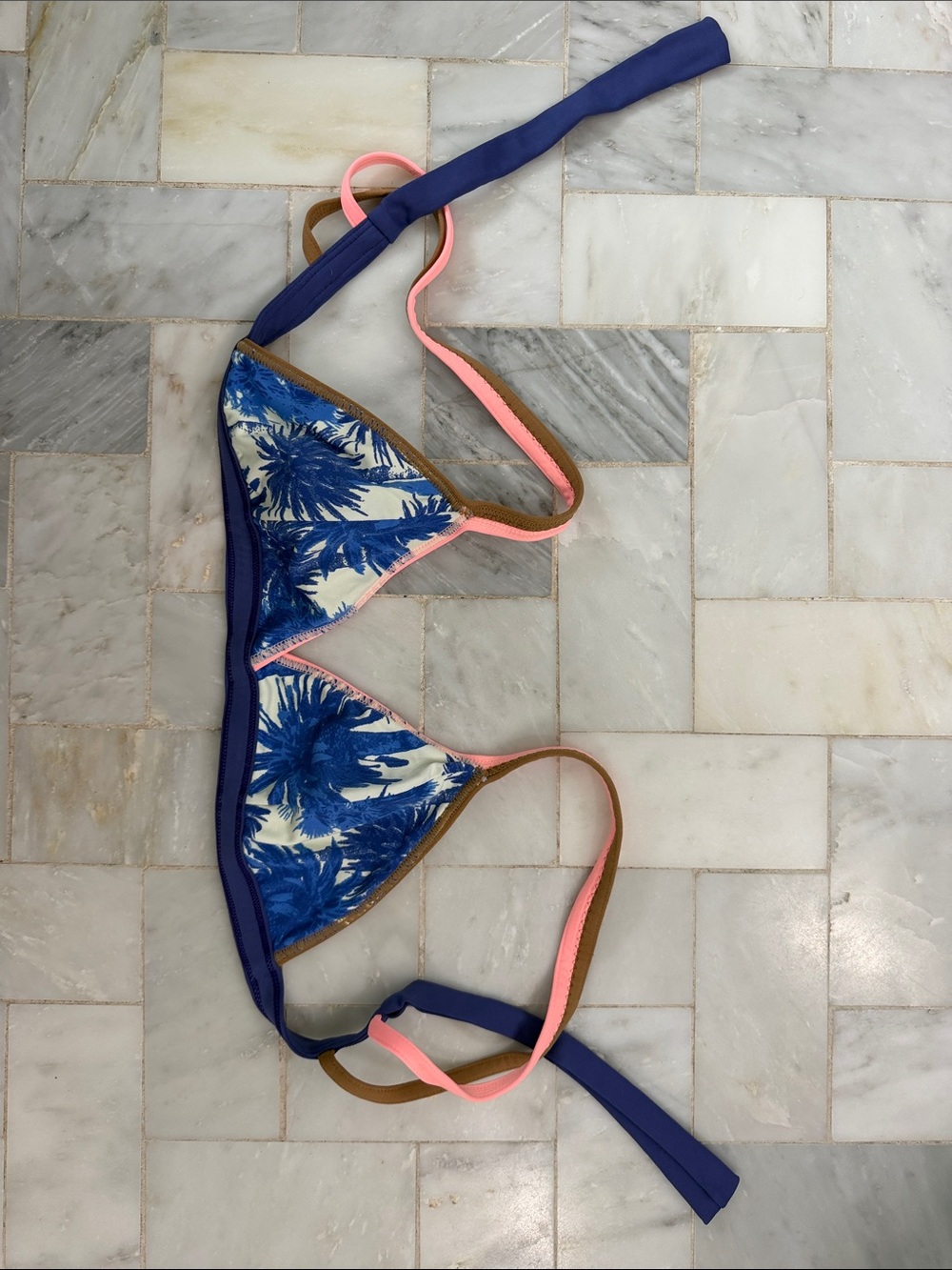 Maui Women’s Blue Palm-Print Triangle Bikini Top with Pink Trim. Reversible
